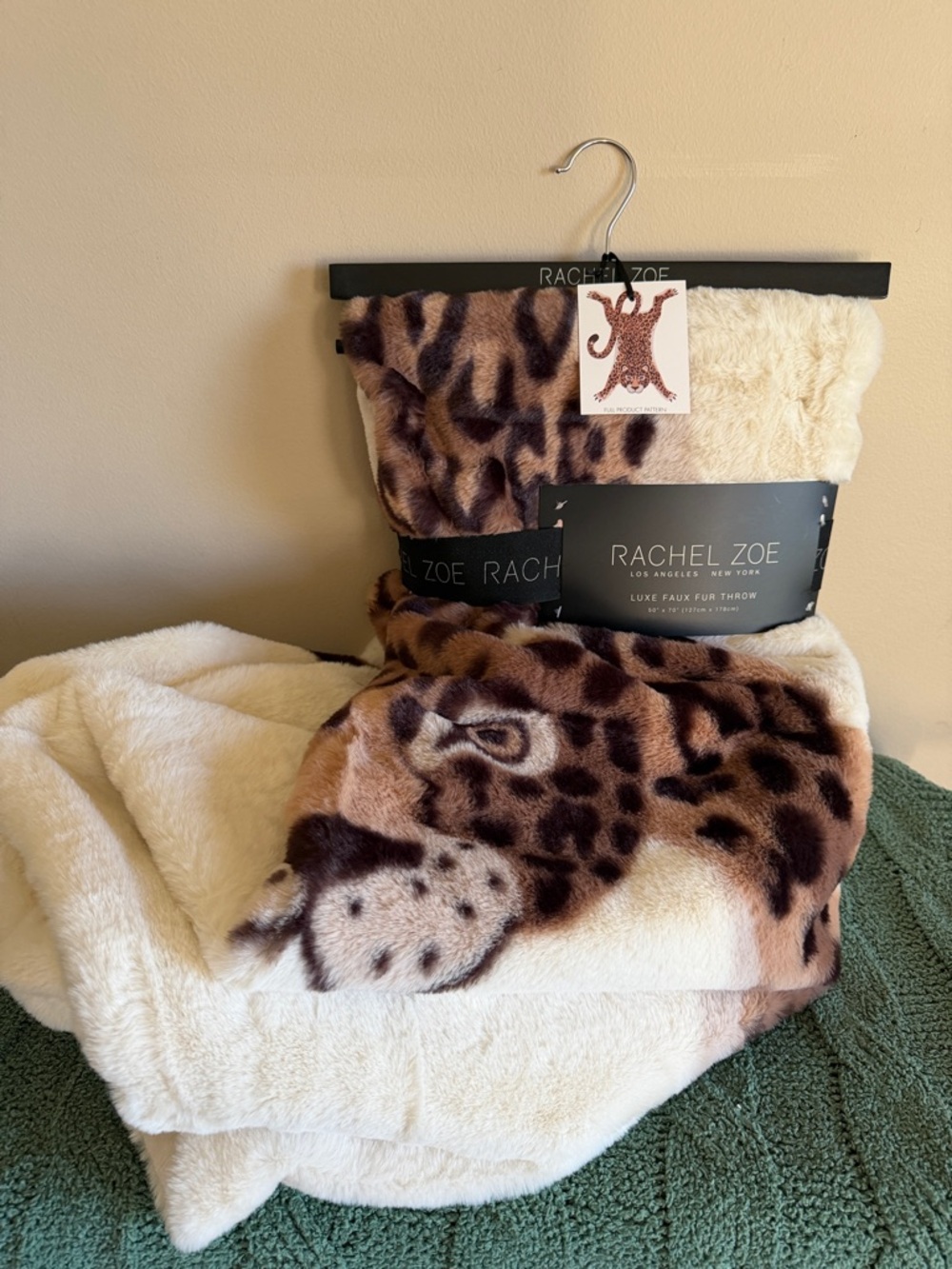 Rachel Zoe Faux Fur Throw Leopard 🐆 Print Ivory Brown & Beige So Soft! NEW!